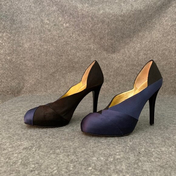 Bruno Frisoni Paris Women’s Blue and Black Satin Heel Leather Sole Pump Shoes - Picture 4 of 11